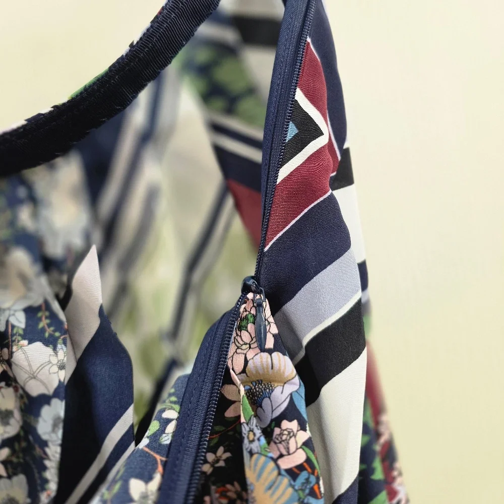 Tory Burch Navy, Burgundy, Green & Lilac Striped Floral Circle Skirt